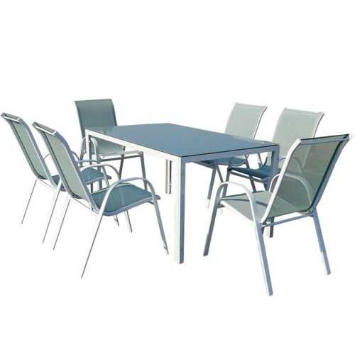 Sada Bergen skleněný stůl + 6 židlí mořská BAUMAX
