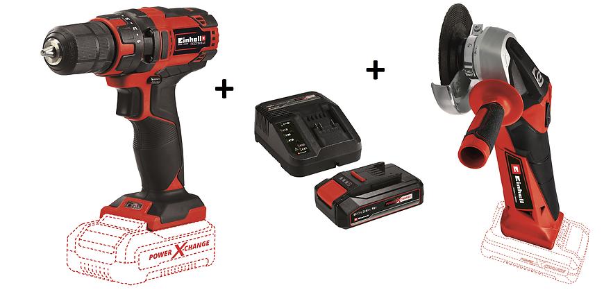 Set Šroubovovák TC-CD 18/35 + Úhlová bruska TC-AG 18/115 + SK 18V 2.5AH Einhell