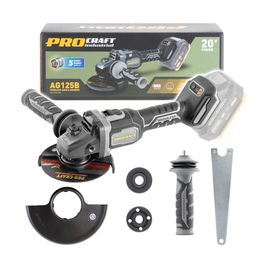 PROCRAFT Industrial AG125B BB bezuhlíková aku úhlová bruska 125mm LiIon 20Vbez aku